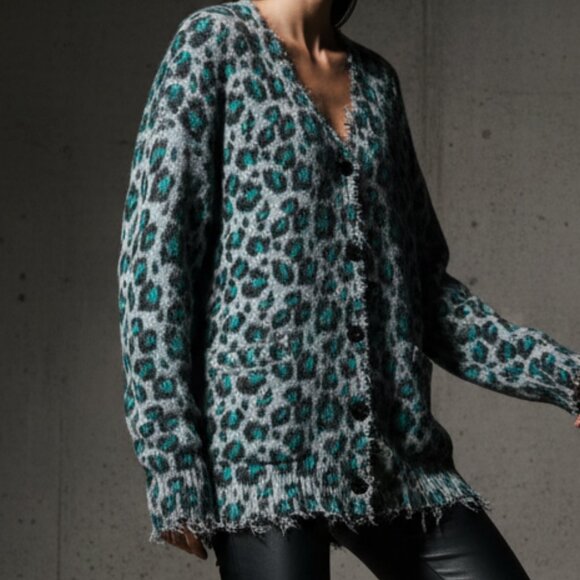 $595 R13 distressed edgy blue gray leopard oversized cardigan S - Picture 2 of 16